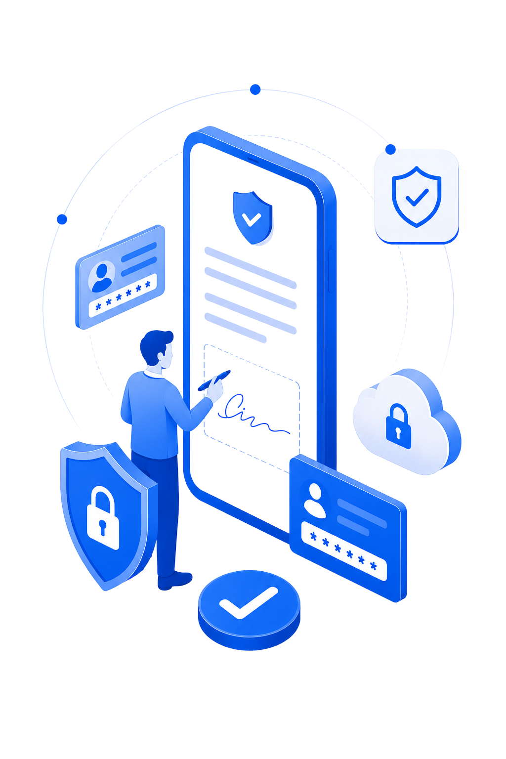 A signer approving a document on their phone, protected by a lock, shield and certificate